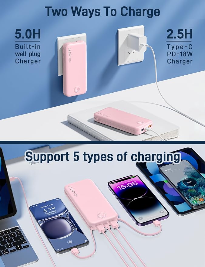 Portable Charger with Built in Cable and AC Wall Plug, USB C Power Bank - Image 5