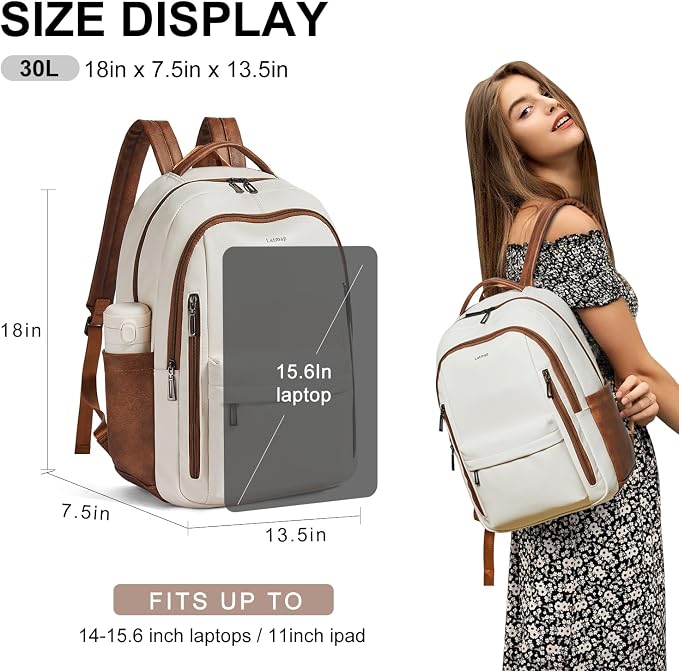 30L Business Laptop Backpack for Women Men, Travel Work Backpack Purse Faux - Image 3