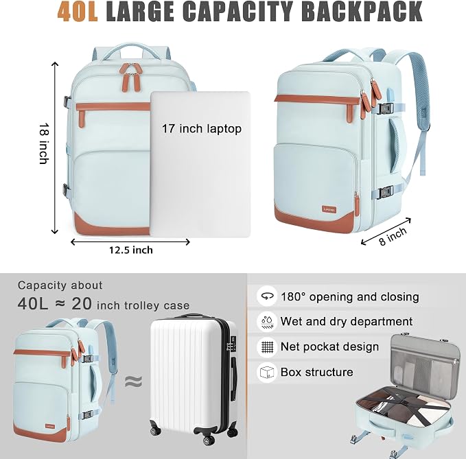 40L Travel Backpack with USB Charging Port, Water-Resistant Carry On Backpack - Image 6