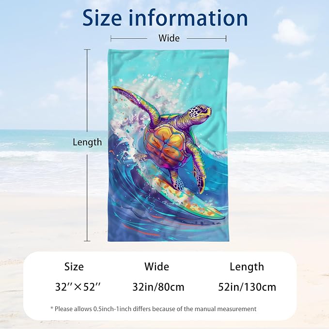 WZOMT Microfiber Turtle Beach Towel Oversized, Funny Sea Turtle Surfing Blue - Image 3