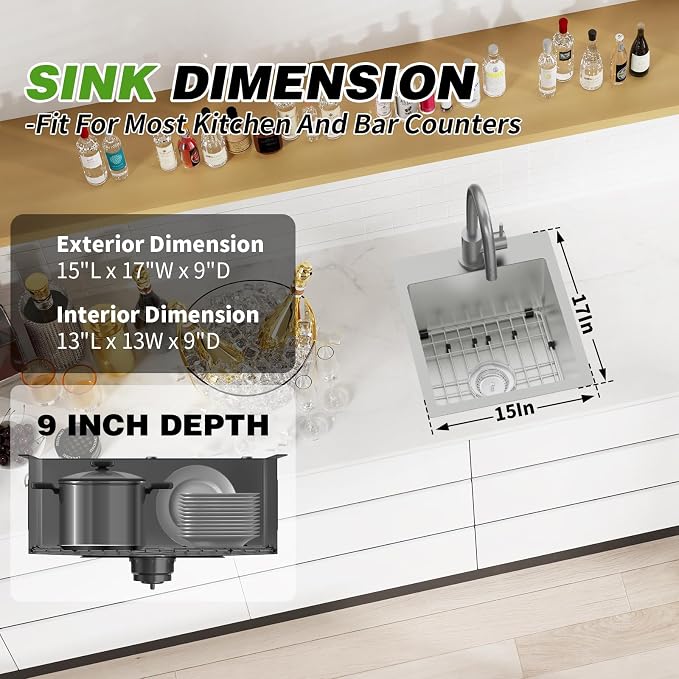 Kitchen And Bar Sink, 15x17 Inch Stainless Steel Drop In Kitchen Sink Modern - Image 4