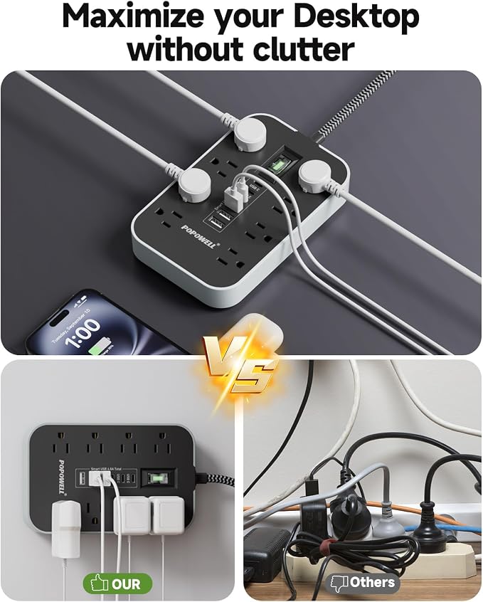 Power Strip Surge Protector- 5FT Flat Plug Extension Cord, 8 AC Outlet& 6 USB - Image 8