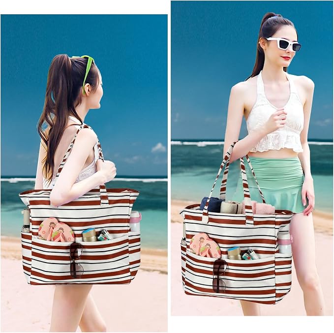 LEDAOU Large Beach Tote Bag Women Waterproof Sandproof Zipper Beach Tote Bag - Image 6