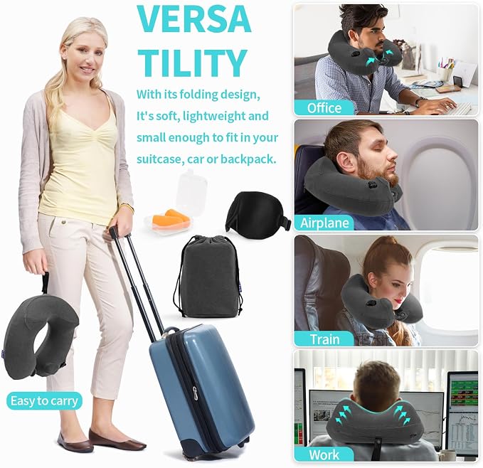 Inflatable Travel Neck Pillow for Airplane, Head Support Velvet Adult Neck - Image 6