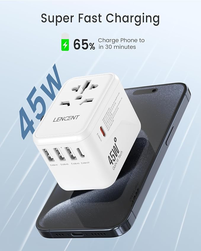 LENCENT Universal Travel Adapter, GaN III 45W International Charger - Image 3