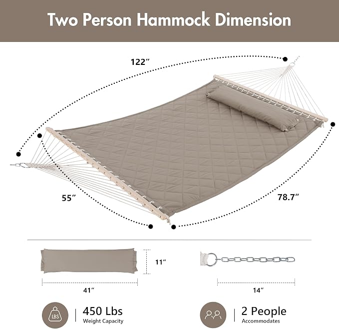 ANOW Double Hammock with Spreader Bars and Detachable Pillow, 2 Person Hammock - Image 6