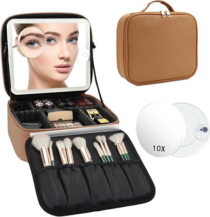 Travel Makeup Bag with LED Mirror and 10x magnifying glass with 3 Lighted - Image 9