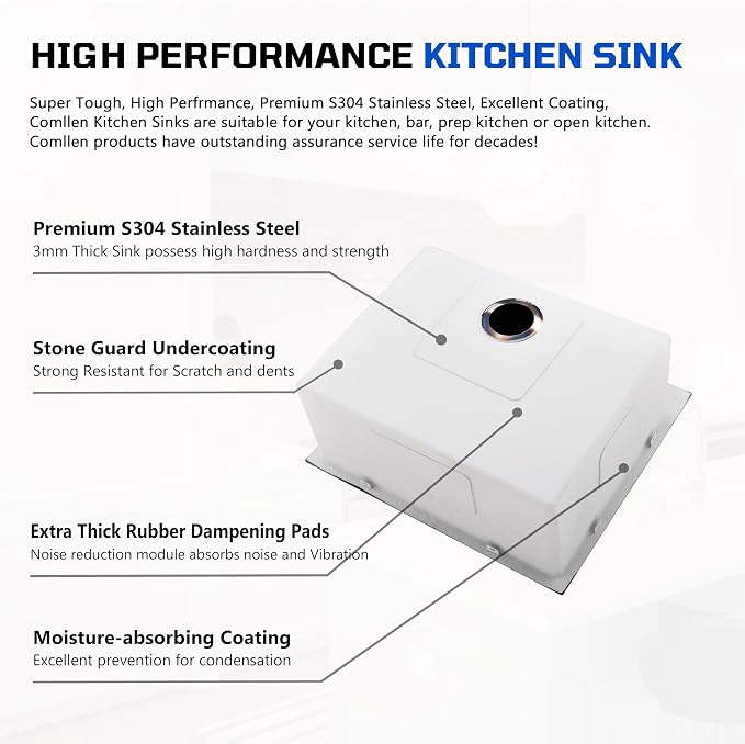 Comllen 25 x 22 Inch Drop In Black Kitchen Sink, Topmount 16 Gauge Stainless - Image 6