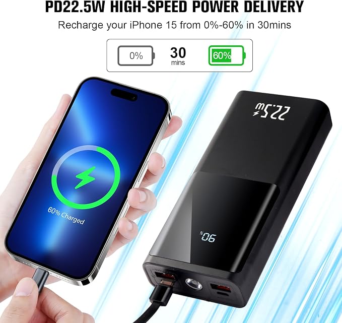 20000mAh Power Bank Portable Charger 22.5W PD Fast Charging USB C 3-Output - Image 2