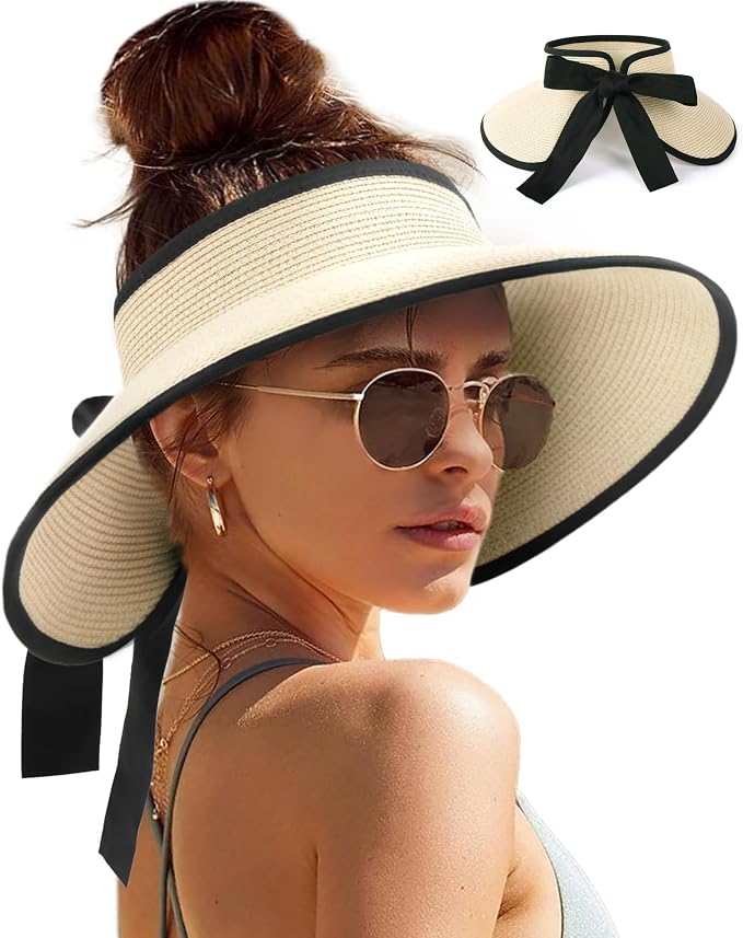 Camptrace Sun Visors for Women Wide Brim Beach Hat Foldable Straw Visor Hat by Camptrace