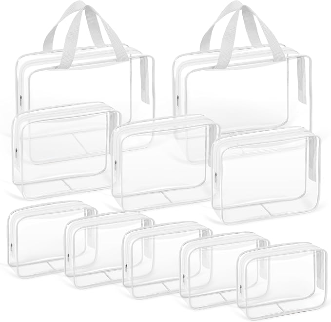 TISRATOK 10 PCS Clear Travel Makeup Toiletry Bag, Plastic PVC Cosmetic TSA by TISRATOK
