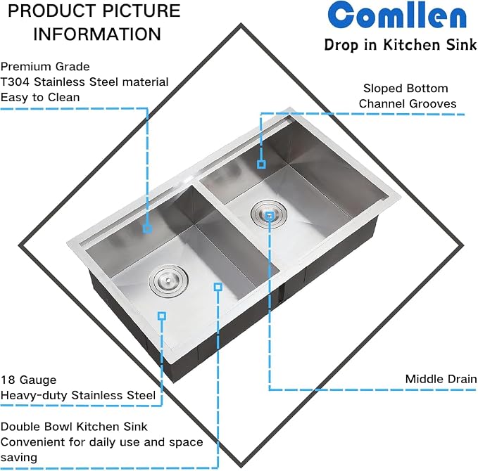 COMLLEN 33 Inch Double Bowl Undermount Kitchen Sink, 33x19 Inch Workstation 16 - Image 6