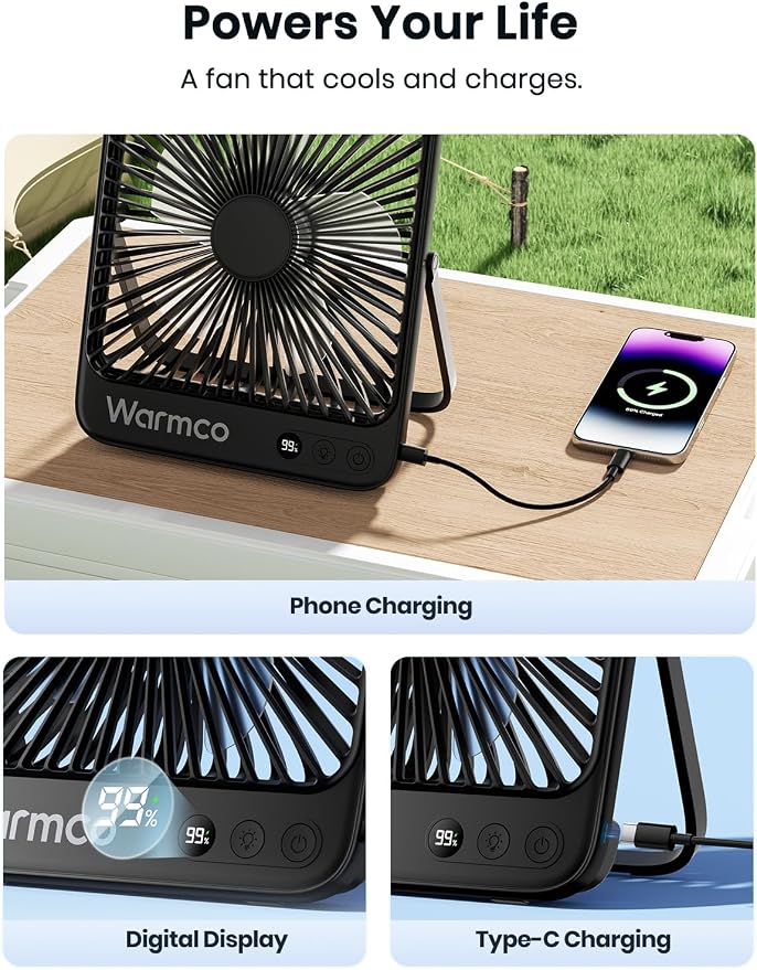 Warmco 20000mAh 8-inch Portable Camping Desk Fan, Ultra-thin LED Light - Image 4