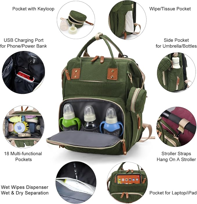 Diaper Bag with Changing Station, Waterproof 3 in 1 Baby Diaper Backpack with - Image 3