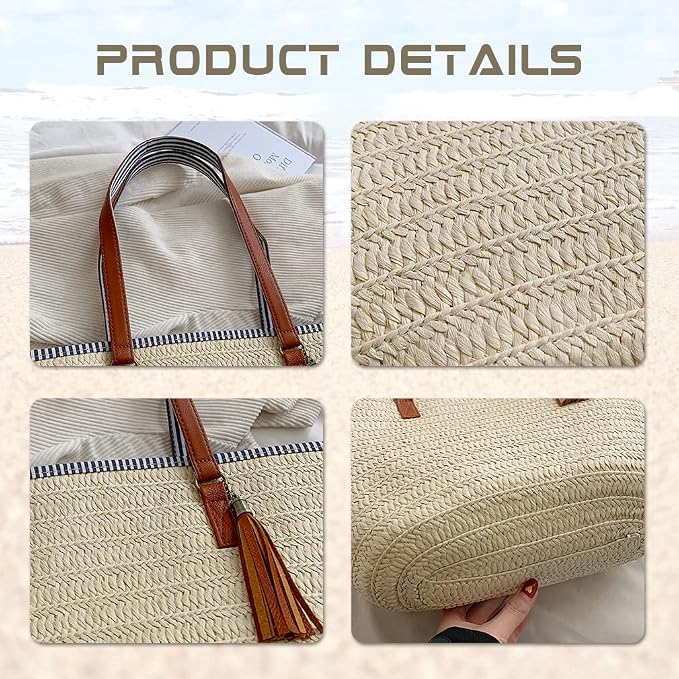 Pahajim Straw Beach Bags Tote Tassels Bag Hobo Summer Handwoven Shoulder Bags - Image 2