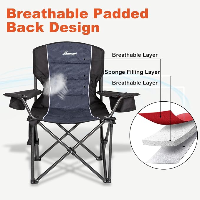 Romswi Oversized Camping Chairs, Heavy Duty Support 500 LBS, Padded Back & Arm - Image 3