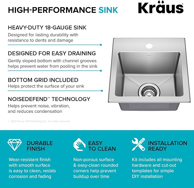 KRAUS Fairlane 15-inch Drop In/Top Mount Single Bowl 18-Gauge Stainless Steel - Image 4