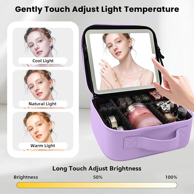 Travel Makeup Bag with LED Mirror and Light Travel Makeup Case Cosmetic - Image 2