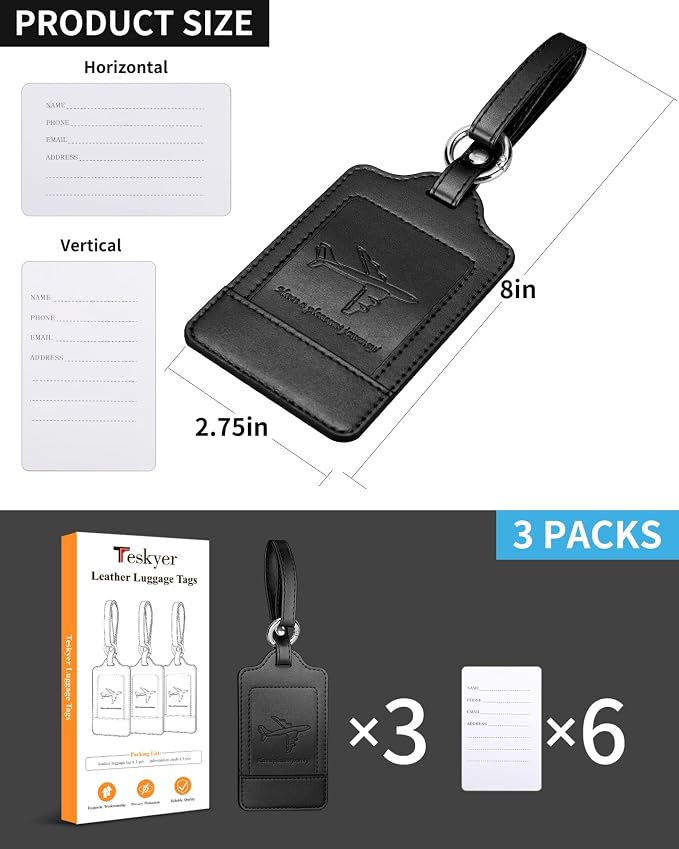 Teskyer Luggage Tags, 3 Pack PU Leather Luggage Tags - Image 6