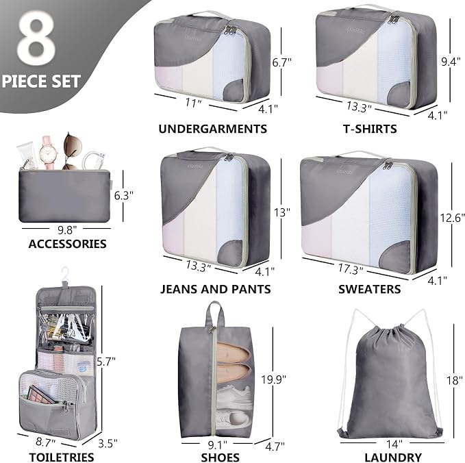 8 Set Packing Cubes for Travel, Gifts for Men, Anti-Tearing Suitcase Organizer - Image 2
