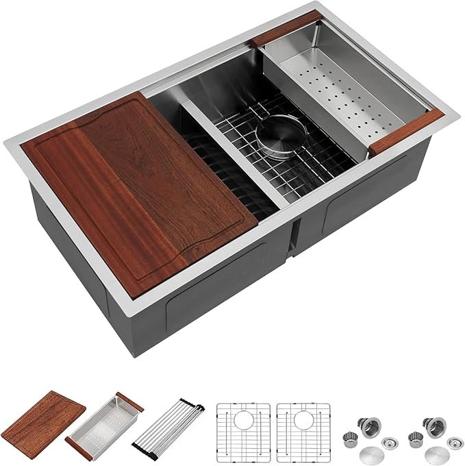 Dcolora 33 In. Double Bowl Kitchen Sink Undermount Sink Workstation Stainless - Image 9