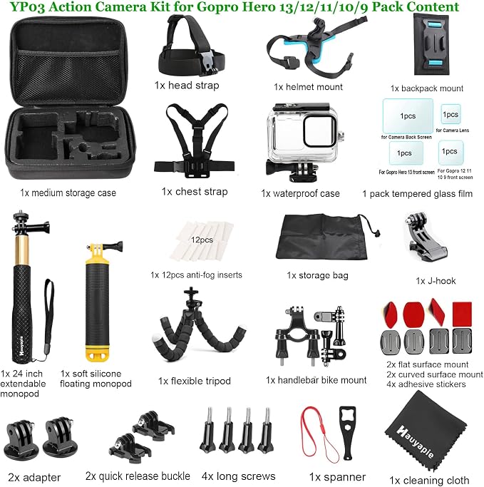 Accessories Kit for Go Pro 13 12 11 10 9 Black, 60M Waterproof Case Chest Mount - Image 7