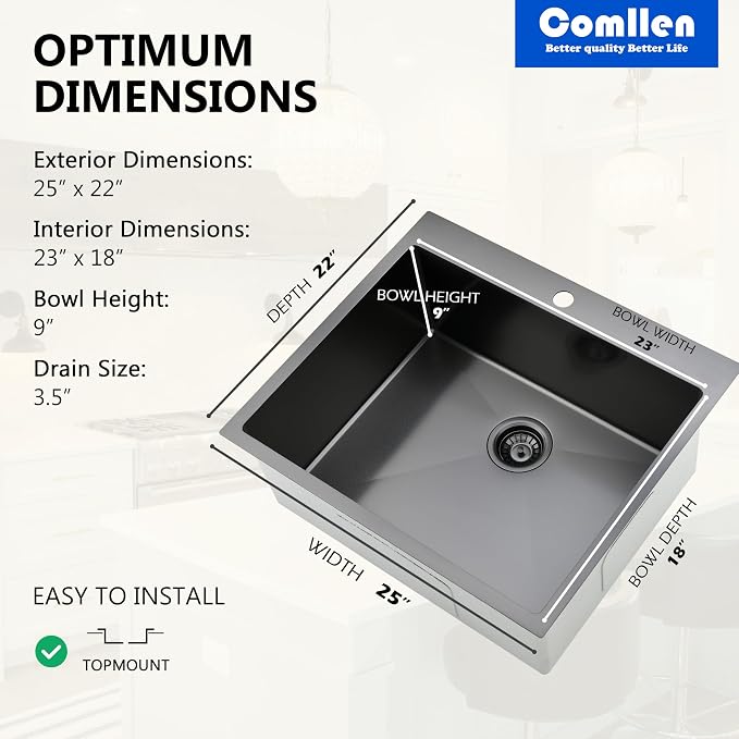 Comllen 25 x 22 Inch Drop In Black Kitchen Sink, Topmount 16 Gauge Stainless - Image 5