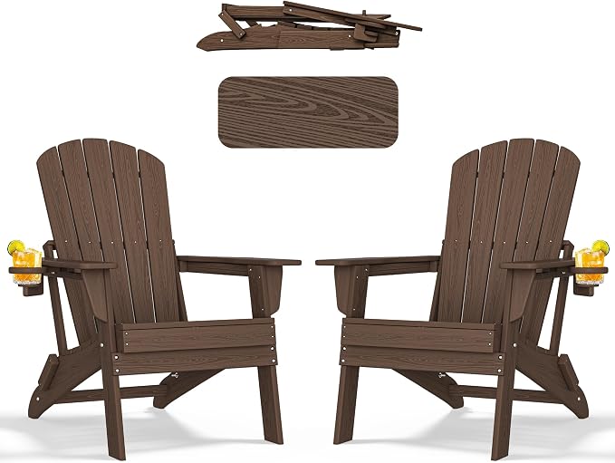 Folding Adirondack Chair with Cup Holder Set of 2, HDPE Patio Chairs, by nevilywood