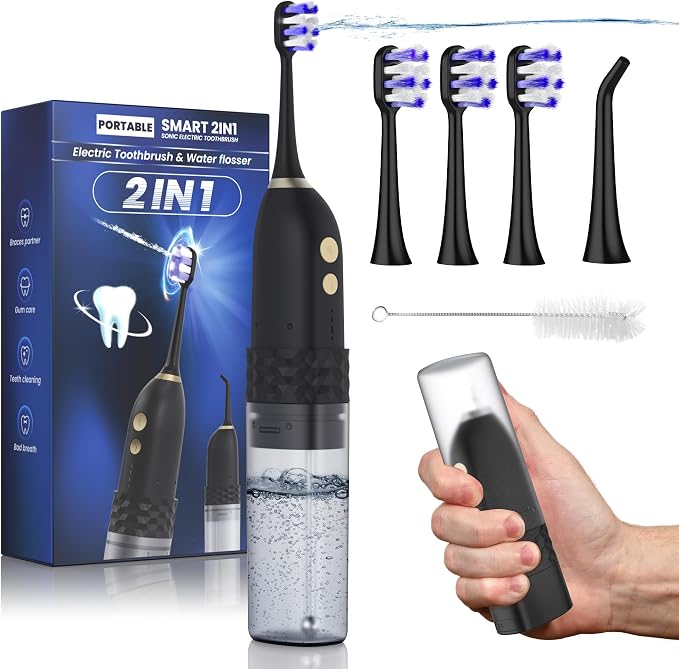 Portable Water flosser with Electric Toothbrush, 2 in 1 Teeth Cleaning Kit by UNINGOPI