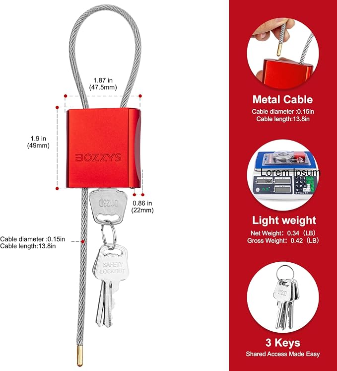 Adjustable Cable Padlock with 3 Keys | 1.15ft L x 1/6in D Aluminum Steel Cable - Image 2