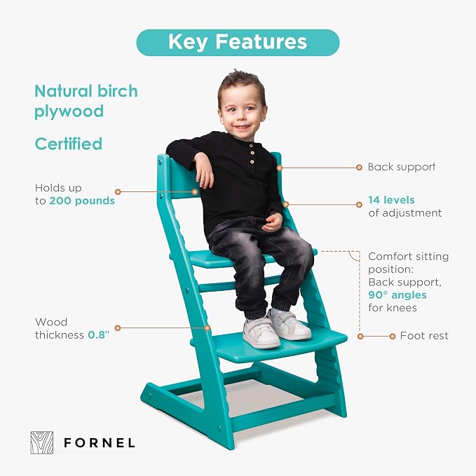 FORNEL Modern Wooden High Chair in Turquoise | The Adjustable Grow-with-Me Chair - Image 3