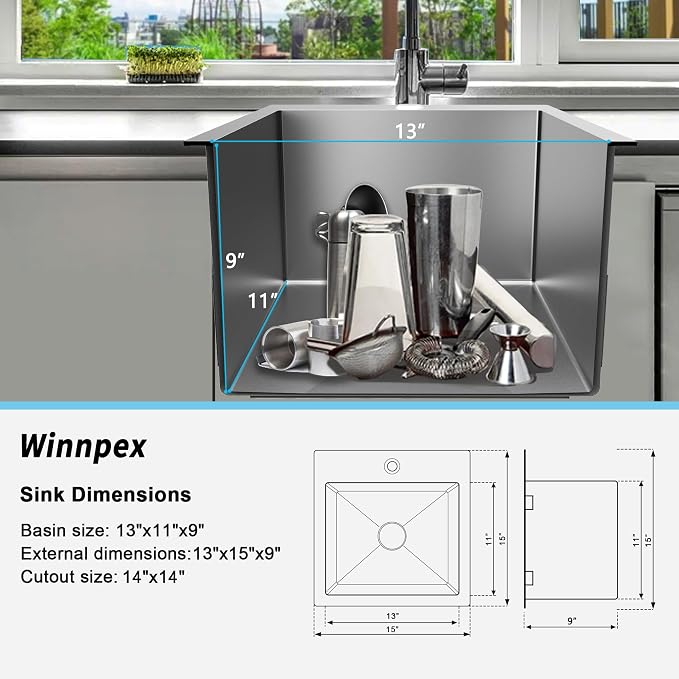 15x15 inch Drop in Bar Sink, 15 inch Small Kitchen Sink Topmount 18 Gauge - Image 6
