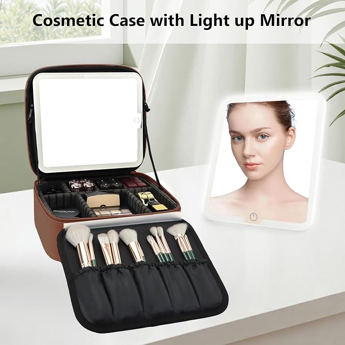 Travel Makeup Bag with LED Mirror Travel Makeup Organizer with 3 Lighted - Image 3