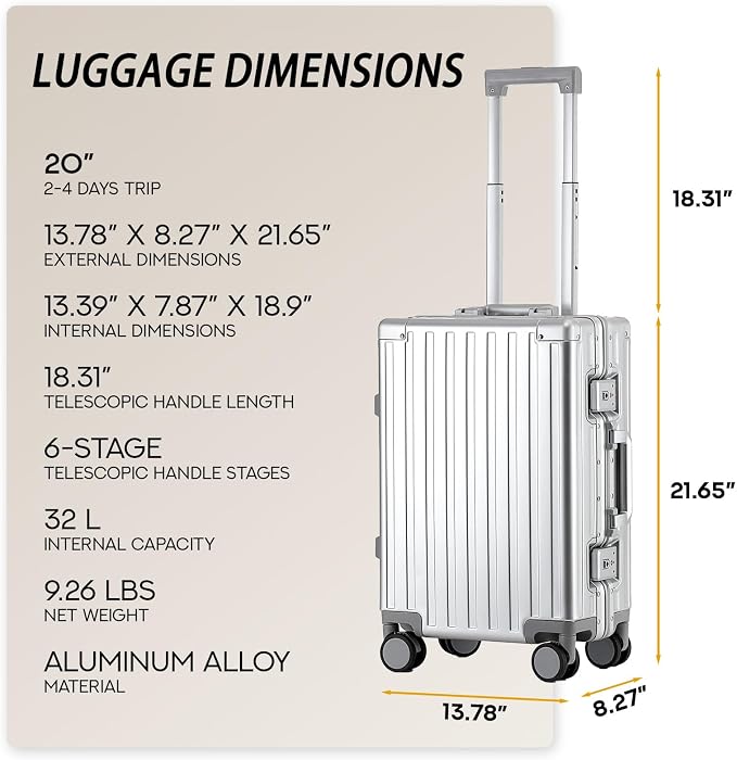20 Inch All Aluminum Carry On Luggage 22x14x9 Airline Approved - Image 3