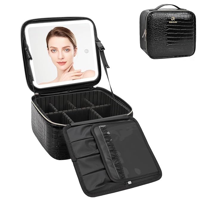 Relavel Makeup Train Case With LED Mirror, Professional Travel Cosmetic Bag - Image 7