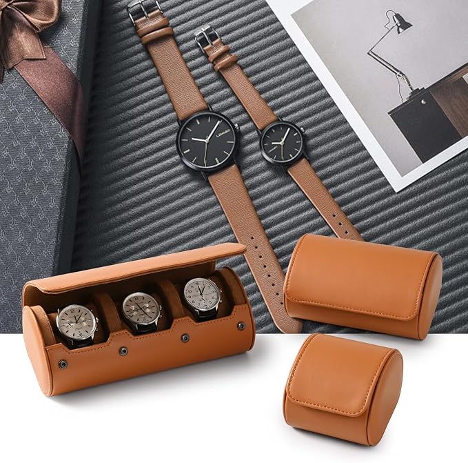 Oirlv Premium Leather Watch Roll Travel Case 3-Slot Watch Box - Image 3