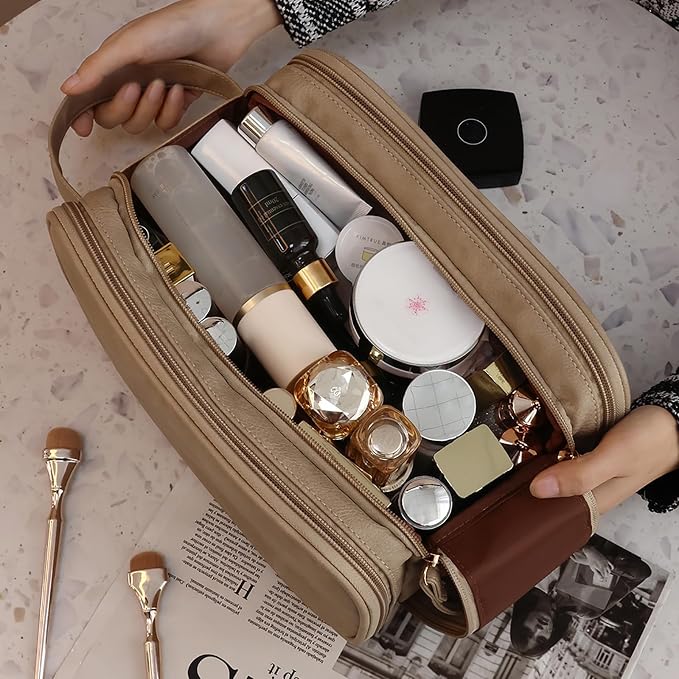 Travel Toiletry Bag for Women PU Leather Triple-layer Double Zipper Toiletry - Image 9