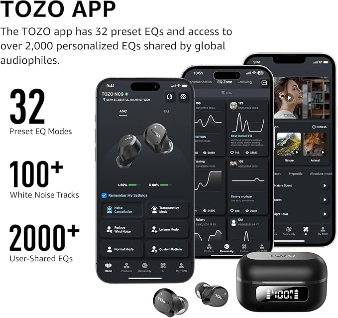 TOZO NC9 Hybrid Active Noise Cancelling Wireless Earbuds, 6 Mics ENC Clear Call - Image 2
