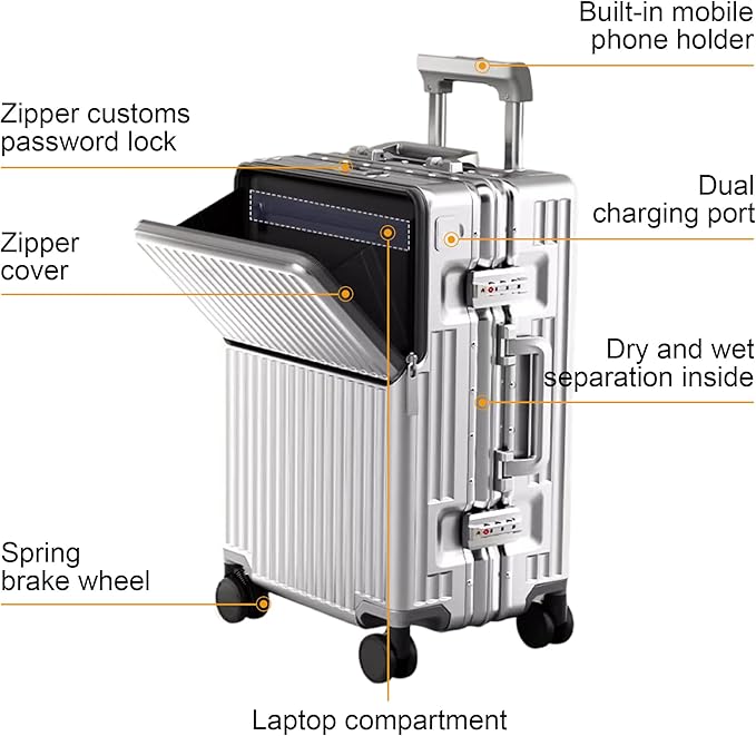 Zipperless Luggage, Polycarbonate Aluminum Hard Shell, Expandable Carry-On - Image 2