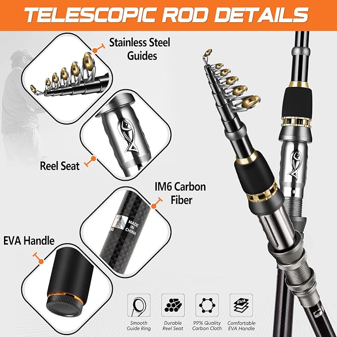 PLUSINNO Fishing Rod, Telescopic Fishing Rod and Reel Combo, Collapsible Travel - Image 2
