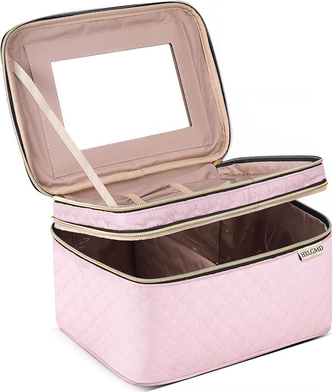 Large Makeup Bag with Mirror Double Layer Travel Make Up Organizer Case by HXLGMD