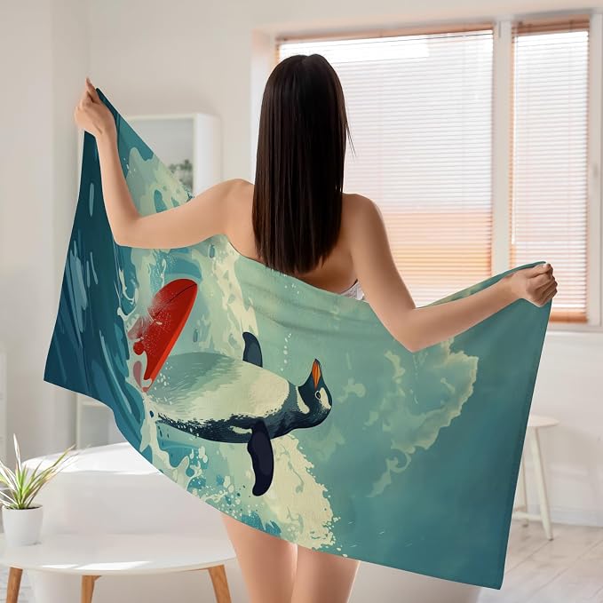 WZOMT Microfiber Penguin Beach Towel Oversized, Cute Penguin Surfing Ocean - Image 6