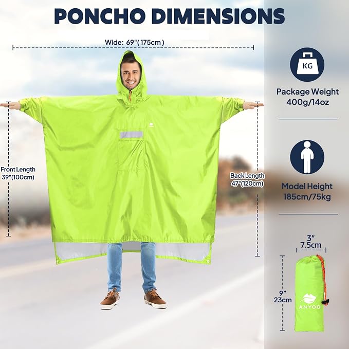 ANYOO Hooded Rain Poncho for Adults Waterproof Lightweight Rain Coat for Men - Image 2