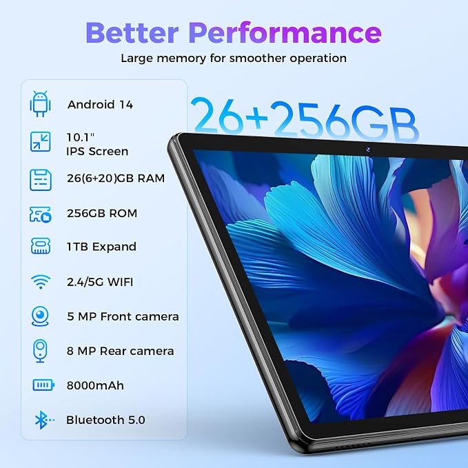 Android Tablet with Keyboard, 26GB RAM, 256GB ROM, 10.1 inch Android 14 Tablet - Image 2