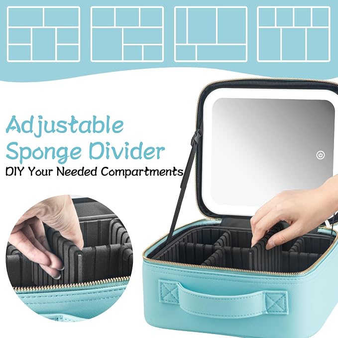 Makeup Travel Train Case with Mirror LED Light 3 Adjustable Brightness Large - Image 2