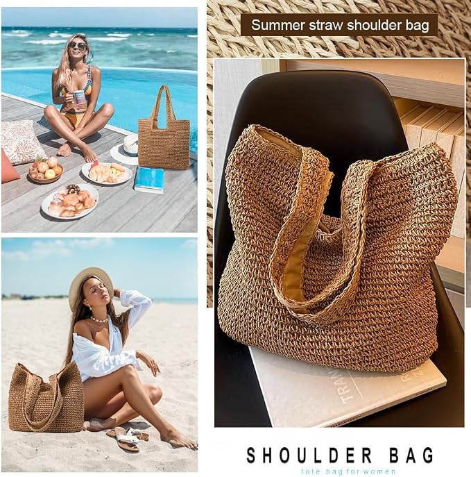 Straw Beach Bags for Women Woven Beach Tote Bag Casual Boho Large Shoulder - Image 5