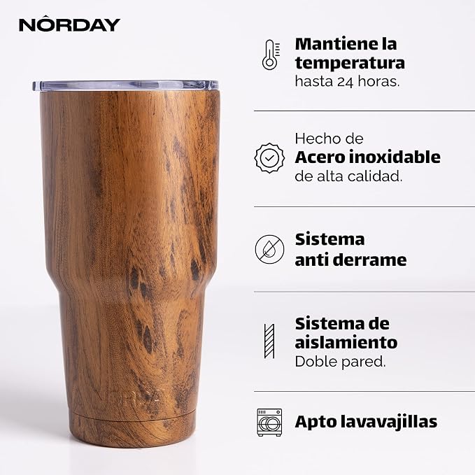 NORDAY | Tumbler with Lid - 30oz - Wood Insulated Tumbler - Stainless Steel - Image 2