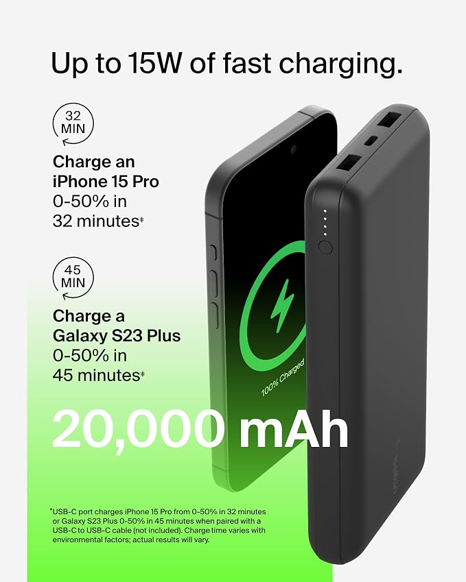 Belkin Portable Charger, USB-C Power Bank 20000 mAh w/ 2 USB-A Ports, 15W w/ - Image 7