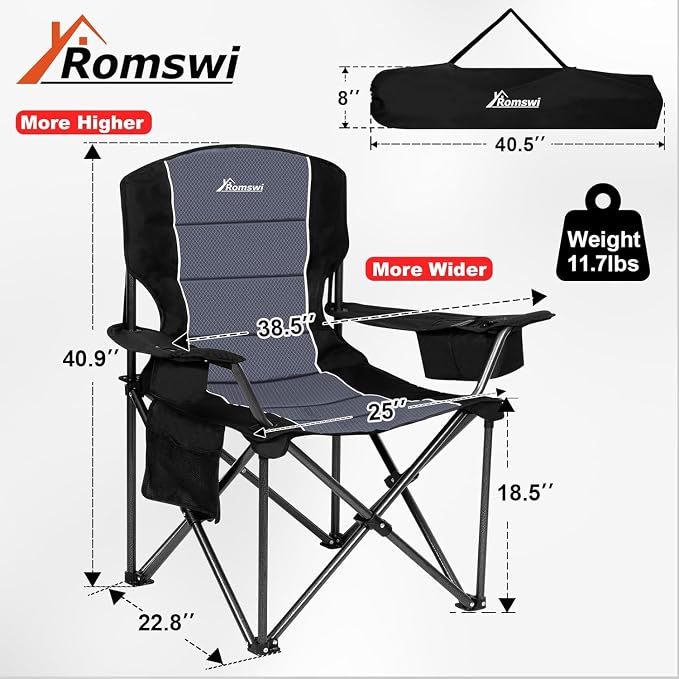 Romswi Oversized Camping Chairs, Heavy Duty Support 500 LBS, Padded Back & Arm - Image 2
