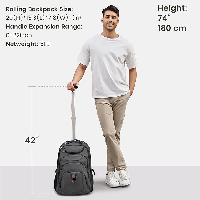 Boavan Rolling Backpack, 17 inch Water Resistant Wheeled Backpack, Carry on - Image 4